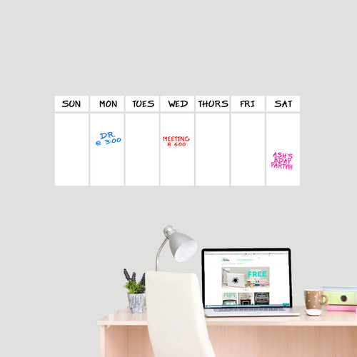 This Week Dry Erase Calendar Wall Decals 30" wide x 11" tall Sample Image (Writing Not Included With Order)