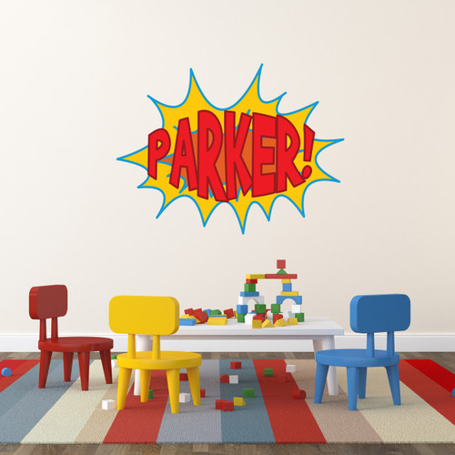 Custom Superhero Comic Book Name Printed Wall Decal 48" wide x 36" tall Sample Image
