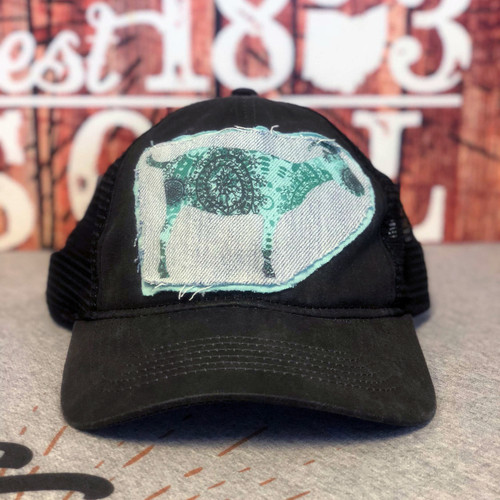 Black Soft Faux Leather Mesh Back Teal Goat Patch Cap
