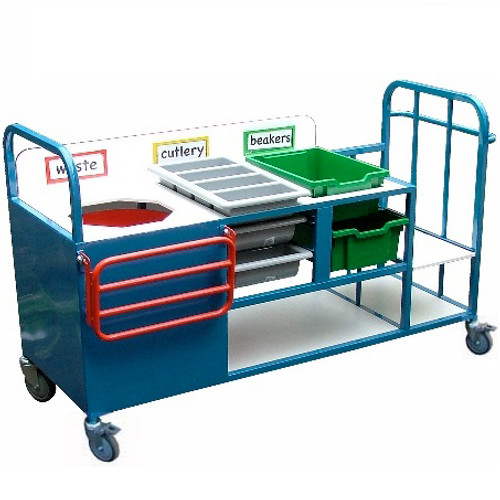 Clearing trolley with bin, cutlery trays and rail