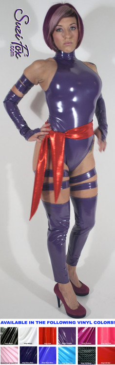 Custom Psylocke Costume shown in gloss Purple Vinyl/PVC, custom made by Suzi Fox.
You can order this costume in almost any fabric on this site.
Costume includes 4 arm bands, 4 leg garters, bird finger gloves, red sash.
• Available in gloss black, white, red, neon pink, light pink, fuchsia, purple, royal blue, navy blue, turquoise; matte (no shine) black, matte (no shine) white. This fabric is a 4-way stretch, vinyl/PVC coated spandex.
• Plus size available.
• Your choice of rears - French legs (Rio), or Cheeky.
• Made in the U.S.A.