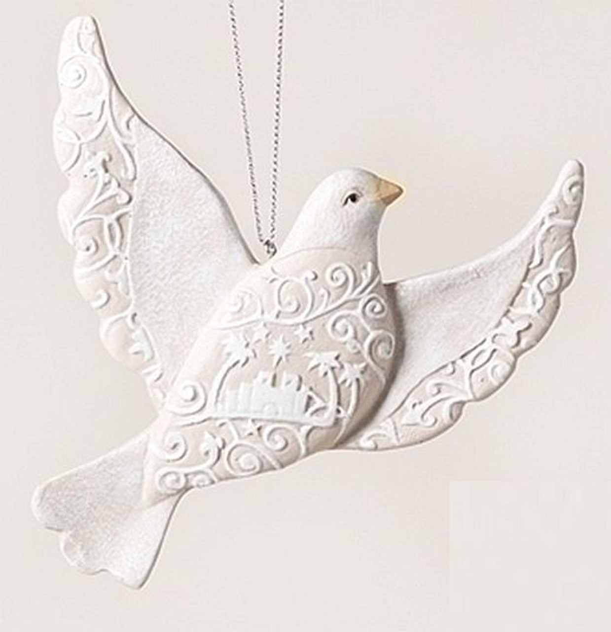 Dove Christmas Ornament Beige & White Bethlehem Resin 5 Dove Christmas Ornament in Beige & White with Bethlehem in design Resin measure 5 inches RO33904A - Dove Christmas Ornament Beige & White Bethlehem Resin 5