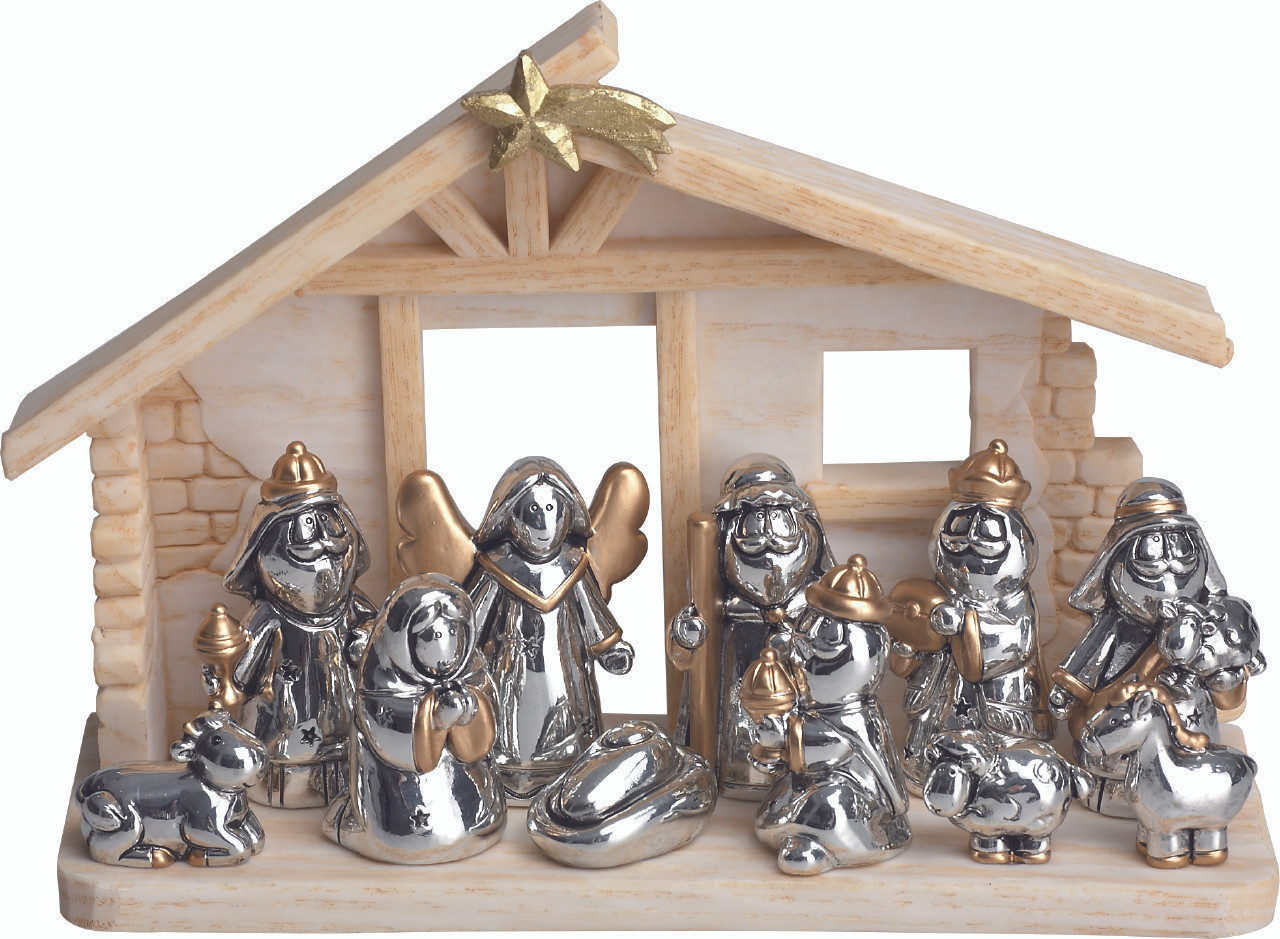 11 Piece Modern Nativity Set Silver Gold Stable With Star 4   11 Piece Modern Nativity Silver And Gold Set Includes Infant Jesus Mary Jospeh 1 Angel 3 Kings 1 Shepherd 1 Donkey 1 Ox And 1 Lamb Stable With Star Is Included Figurines Measure 4 Inches  72240.1476713197 