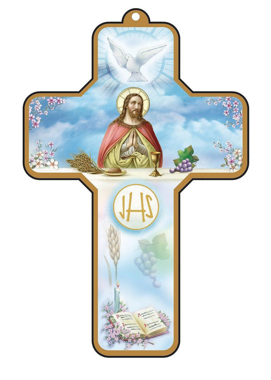 First Holy Communion Keepsake Cross Blue With Gold Rim Christ 3 1 