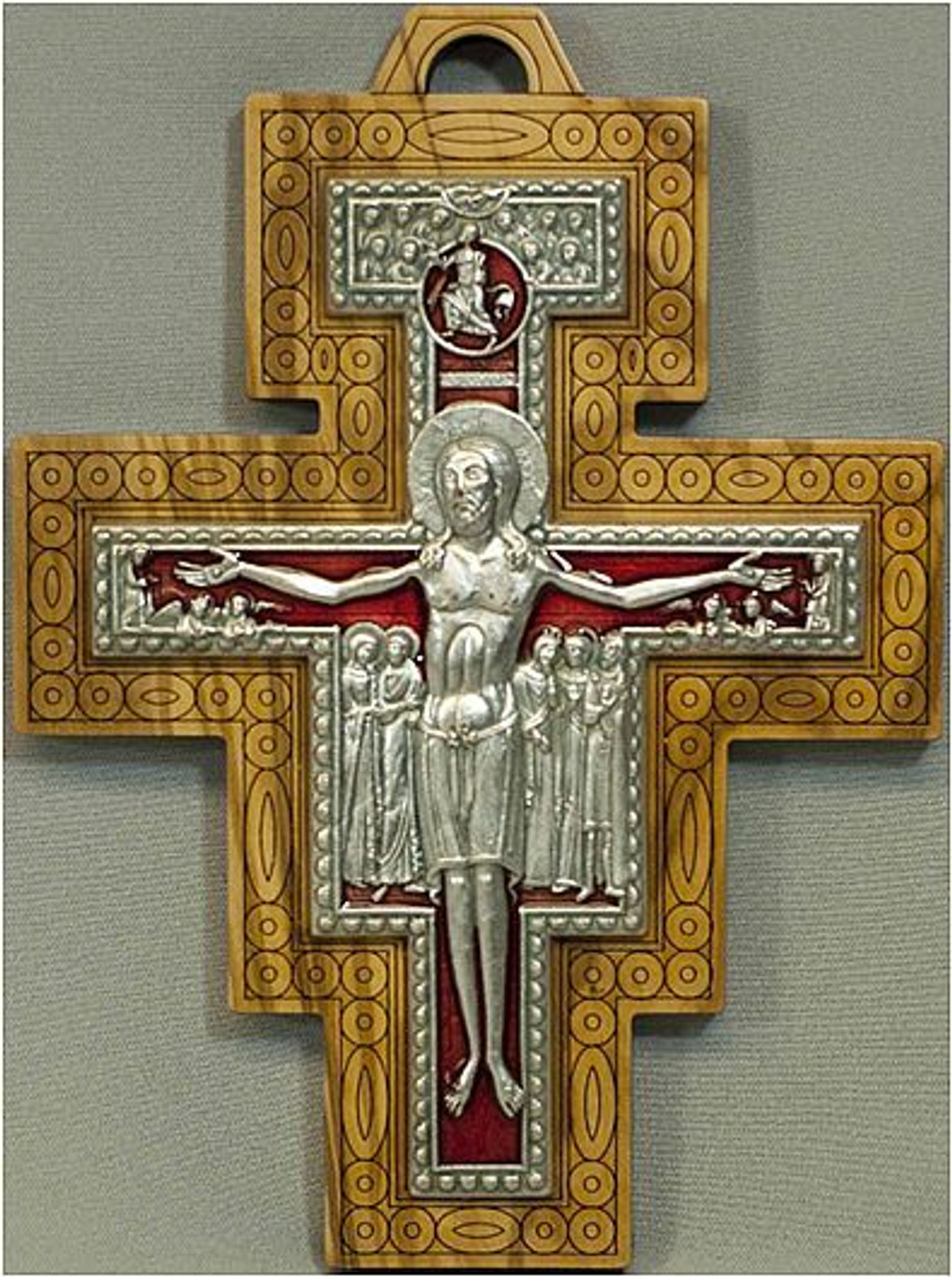 San Damiano Wall Crucifix Silver & Red Wood Border 7" Italy F