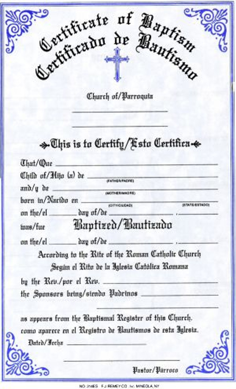 Baptismal Forms Certificate Bilingual Style #314S F C Ziegler