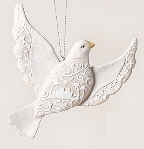 Dove Christmas Ornament Profile Beige & White Holy Family Dove Christmas Ornament in Beige & White with Bethlehem in design Resin measure 5 inches RO33904A - Dove Christmas Ornament Profile Beige & White Holy Family