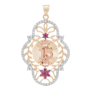 Yellow / White / Red Gold Quinceanera Pendant - 14K - XVP203 Yellow / White / Red Gold Quinceanera Pendant - 14K - XVP203