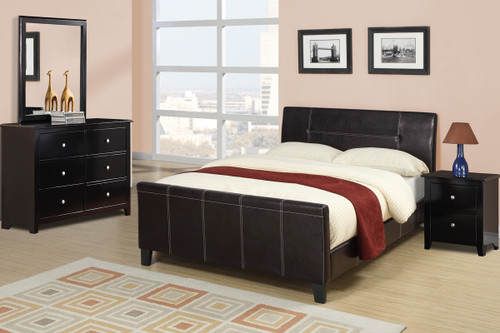 QUEEN SIZE ENCASED BEDFRAME UPHOLSTERED IN ESPRESSO FAUX LEATHER