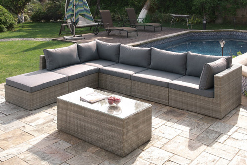 7PC OUTDOOR PATIO SOFA SET IN TAN RESIN WICKER FINISH AND GREY SEAT CUSHIONS