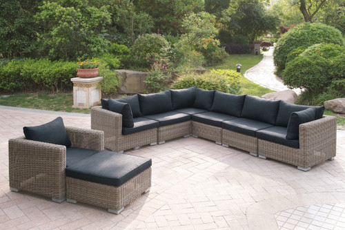 8PC OUTDOOR PATIO SOFA SET IN TAN RESIN WICKER FINISH AND BLACK SEAT CUSHIONS