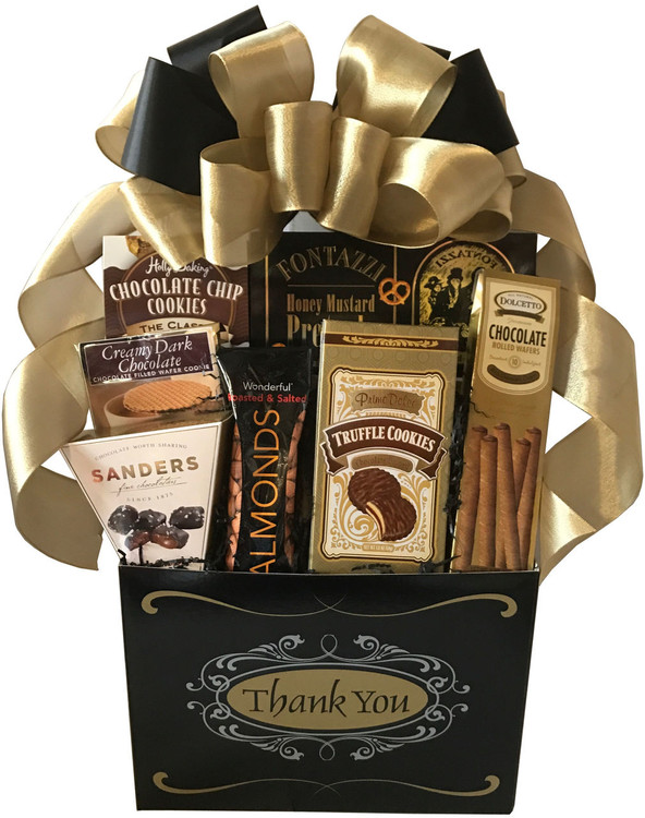 An elegant way to send a thank you! The striking gift box is brimming with chocolates, assorted types of cookies, honey mustard pretzels, nuts and snack mix, and topped off with a beautiful hand made bow.