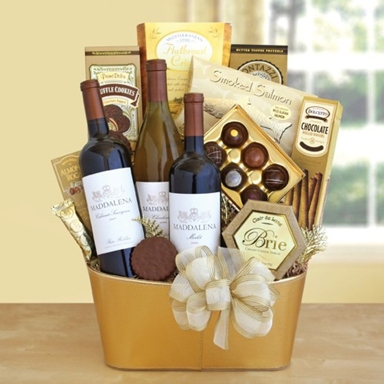 This gift includes 3 bottles of wine, cheese, crackers, decadent chocolate truffles, cookies and more all presented in an elegant gold tin.