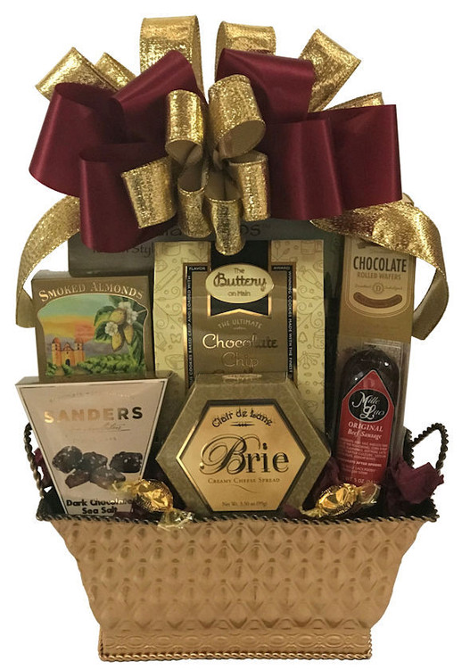 A beautiful gold tin filled with delectable gourmet delights. Includes chocolate sea salt caramels, smoked almonds, chocolate chip cookies, cheese, crackers, sausage, and wafer cookies. The gift is topped off with an elegant hand made bow. Perfect for any holiday or occasion!
Items of equal or greater value may be added depending on availability.