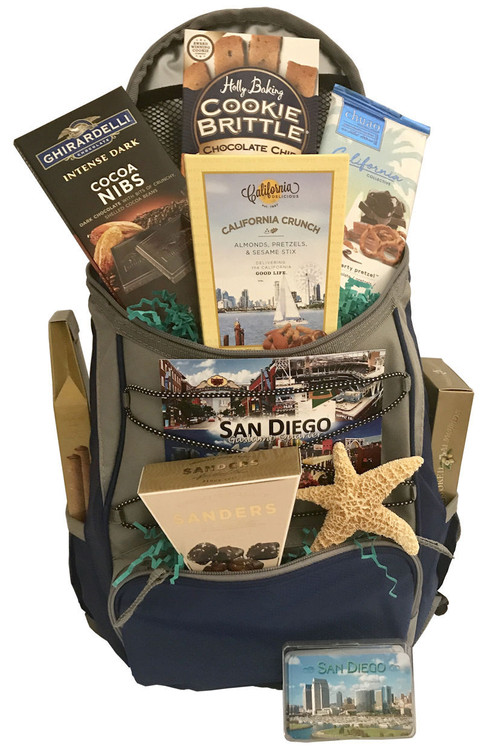 This festive San Diego-themed gift is brimming with regional specialties and is presented in our most popular backpack, which is full of handy pockets and compartments, along with a hook to attach it to a golf cart. Includes California Smoked Almonds, Snack Mix, Ghirardelli Chocolates, Chuao Chocolates, Chocolate Chip Cookies, Chocolate Sea Salt Caramels, and a real starfish.
(Items of equal or greater value may be substituted, depending on availability, or discovery of great new items.)