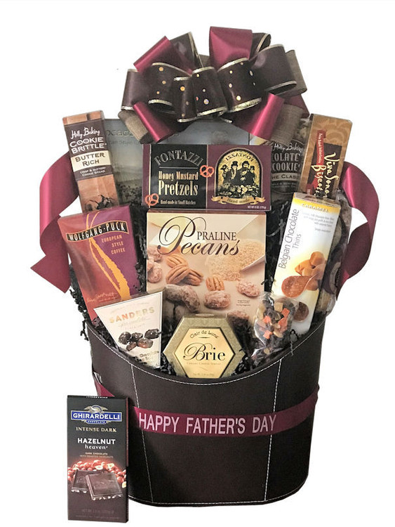 This elegant leatherette container makes a great magazine basket after the goodies are devoured! Includes a large gift box of praline pecans from Georgia, classic chocolate chip cookies, biscotti, chocolate cookies, European style coffee, cheese, crackers, butter cookies, dried fruit, Ghirardelli dark chocolate, chocolate sea salt caramels and honey mustard pretzels.