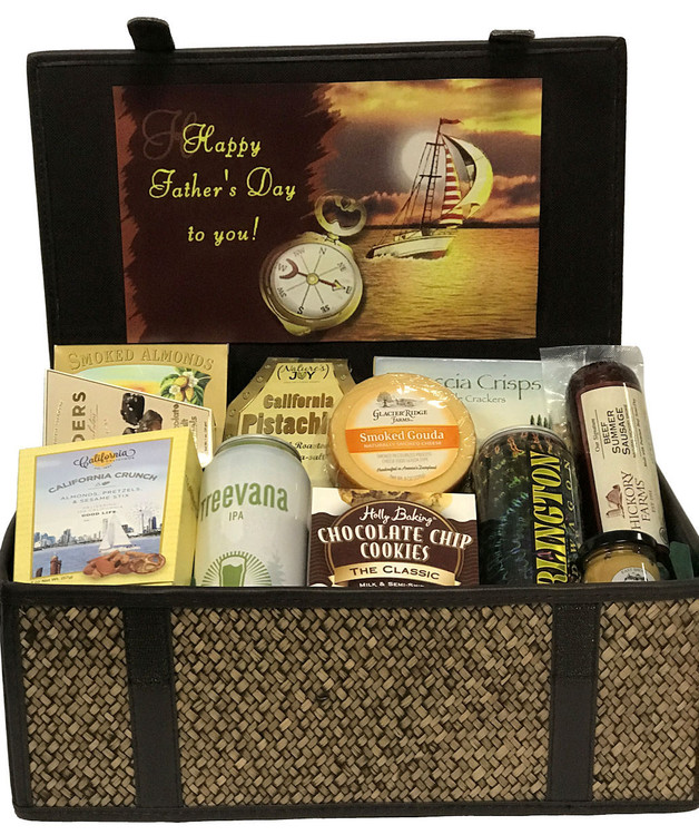 This handsome chest is filled with a delicious assortment that he will love, and the chest collapses flat for easy storage when not being used. Includes chocolate sea salt caramels, smoked almonds, pistachios, classic chocolate chip cookies, sausage, mustard, two root beer (or call to upgrade to craft beers) and California snack mix.