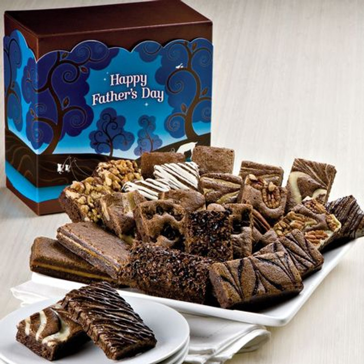 A festive Father's Day gift box filled with the most delicious, melt in your mouth, freshly baked brownies on the planet! Includes 2 Caramel, 2 Chocolate Chip, 2 Coconut, 2 Mint Chocolate, 2 Original, 2 Pecan, 2 Raspberry Swirl , 2 Toffee Crunch, 2 Walnut, 2 White Chocolate, 2 Espresso Nib, 2 Cream Cheese.
NOTE: Sugar Free brownies are available upon request and are equally delicious!
These brownies are freshly baked and shipped directly from the bakery the next business day from the day ordered. Please allow 2 to 4 business days (depending on destination) for the gift to arrive.