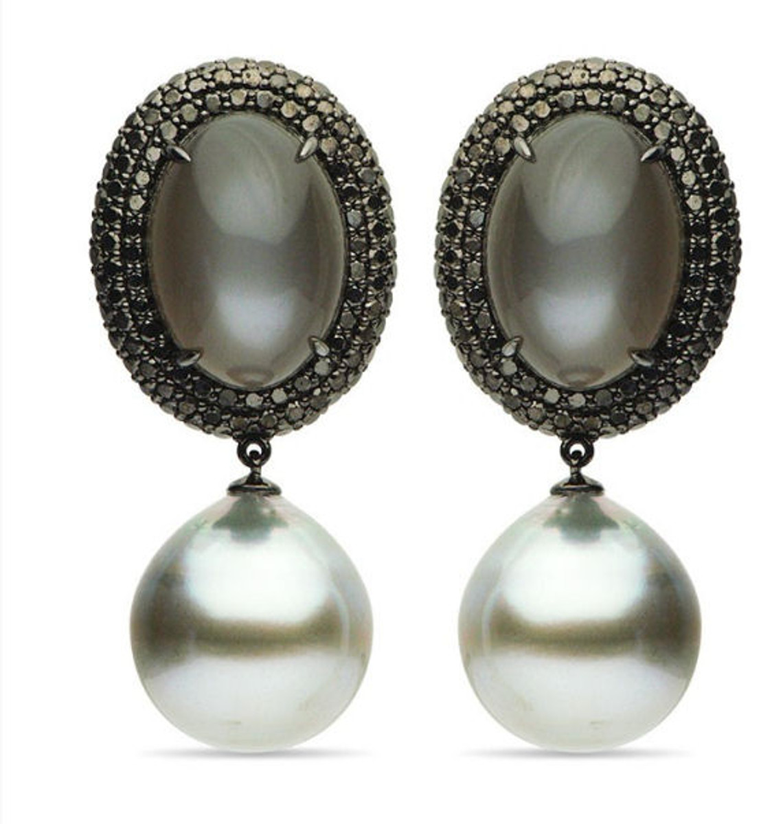 Moonstone, Tahitian Pearls, & Diamond Drop Earrings