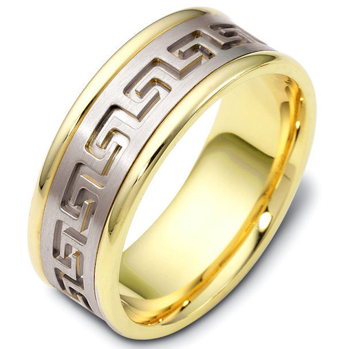 14Kt Two-Tone Greek Key Carved Wedding Band