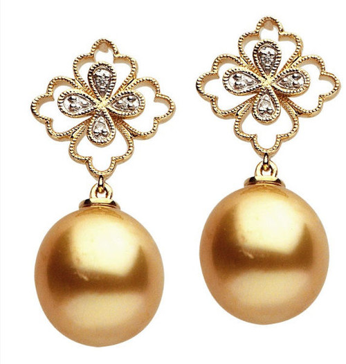 Diamond & Golden South Sea Cultured Pearl Earrings