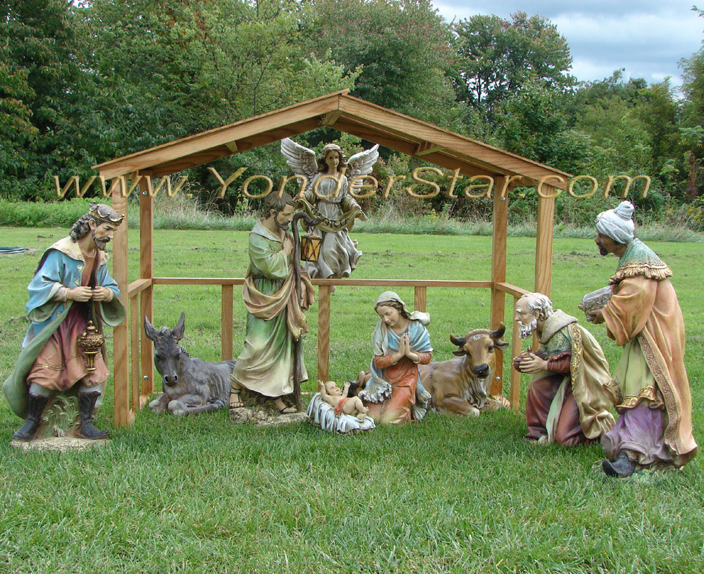 Outdoor Nativity Scene With Wooden Stable - Yonder Star Christmas Shop LLC