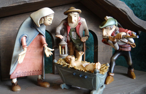 Kastlunger Nativity Scene with Piper / Flute Player LEPI Kastlunger Wood Nativity