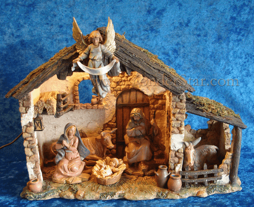 5" Fontanini Nativity Scene w 10" Lighted Resin Stable 54567