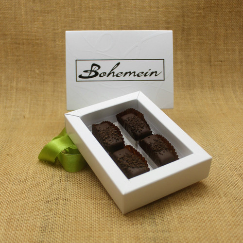 Bohemein 4 chocolate gift Box filled with 4 2014 Cuisine Artisan AWARD & 2014 NZ Food AWARD Winning Cocoa Nib Caramels Only. (aka Black Devil Caramel)