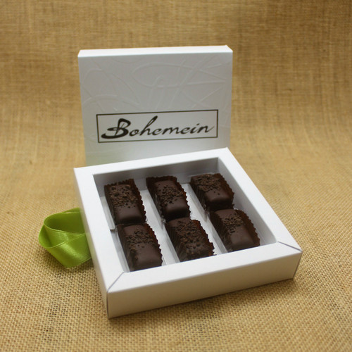 Bohemein 6 chocolate gift Box filled with 6 2014 Cuisine Artisan AWARD & 2014 NZ Food AWARD Winning Cocoa Nib Caramels Only. (aka Black Devil Caramel)