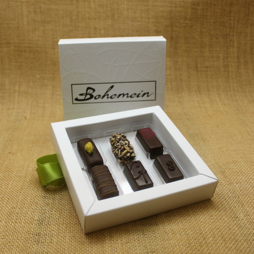 Bohemein 6 Dairy Free Chocolates Gift Box Includes: Pistachio Marzipan, Coconut Cream Truffle, Raspberry Ganache, Noisette (Hazelnut), Ginger Caramel, Creme de Menthe Fondant.