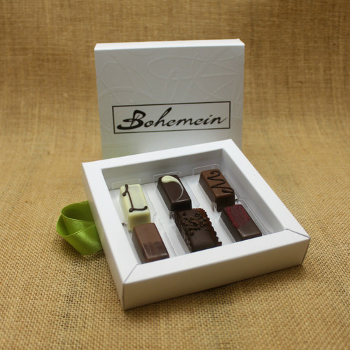 Bohemein Gift Box with 6 Nut Free Chocolates including: Lemon and Thyme Ganache, Pineapple and Black Pepper Ganache, Maple Cream, Chocolate Caramel, Cocoa Nib Caramel, Raspberry Ganache.