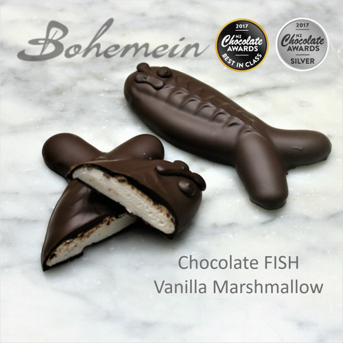 Award Winning Bohemein Chocolate Fish - Is batch made with fresh fluffy Vanilla marshmallow and lots of 53% dark chocolate. The snap of the chocolate, and the light marshmallow inside makes it a great treat or reward. Share me if you dare.