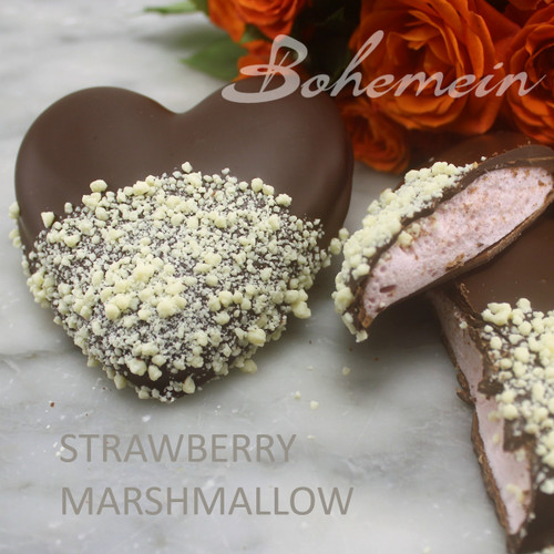 Bohemein Fresh Strawberry Marshmallow - Milk chocolate Base, coated in 53% Dark chocolate and sprinkled with White chocolate.