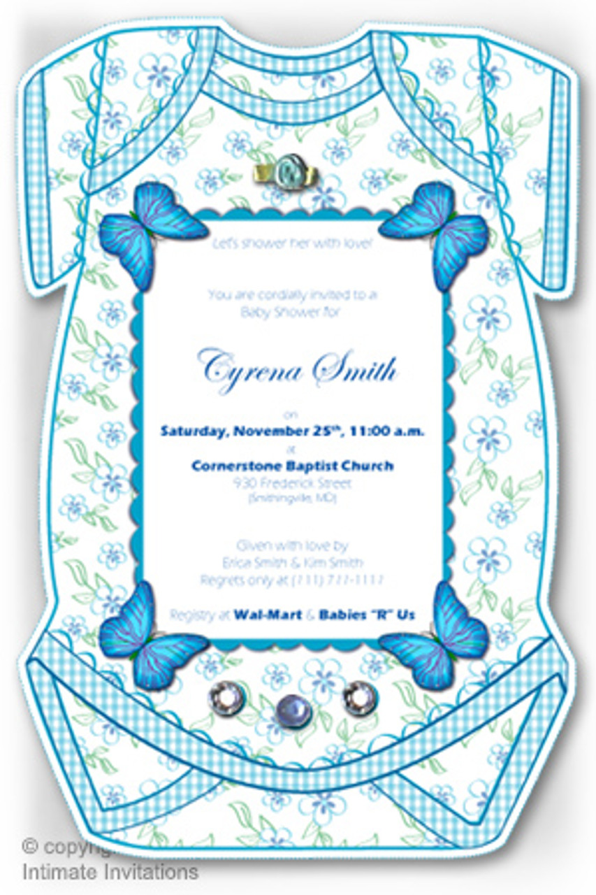 one baby invitation butterflies ribbon rose rhinestones blue
