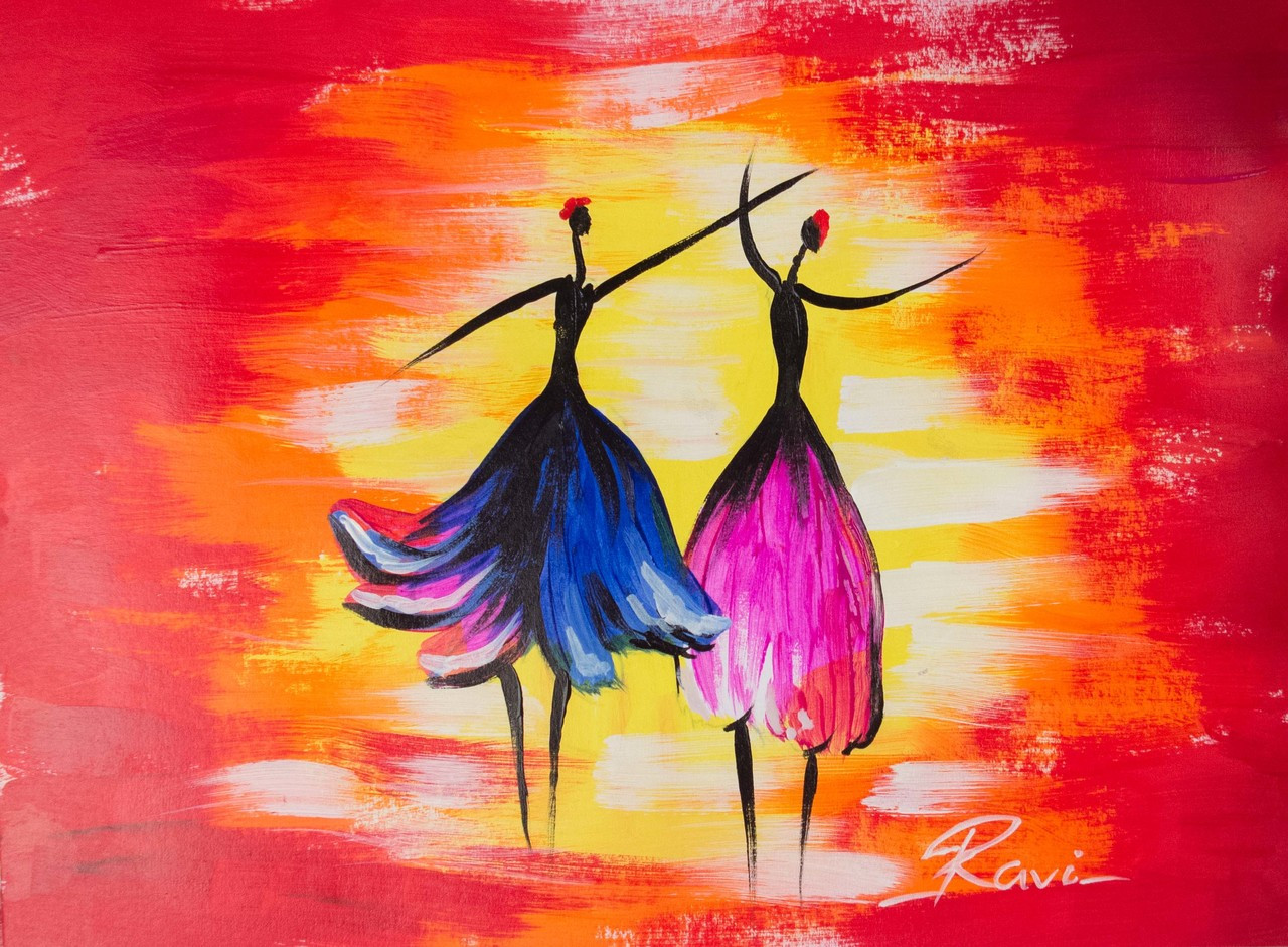 buy two dancing girls in a festival handmade painting by ravi