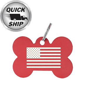 A custom laser engraved aluminum pet tag in a bone shape. This pet tag has the american flag engraved on the front, but we can engrave anything including pet details and name.