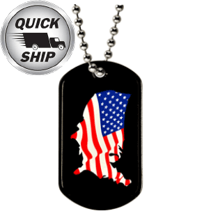 A custom color printed dog tag on a black tag with the United States Outline colored in with the American flag.