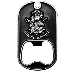A custom photo etched dog tag bottle opener made for Echo Company of the United States Marine Corps.
