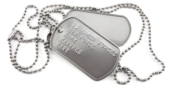 This image is two custom military dog tags with the branches of the military (US Armed Forces, Air force, army, marines, navy) embossed on to them. They have a dog tag chain with connector.