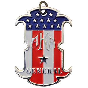 A specialty custom dog tag that was made for AKA General. A chrome dog tag custom cast and cut with a red white and blue US flag color fill.