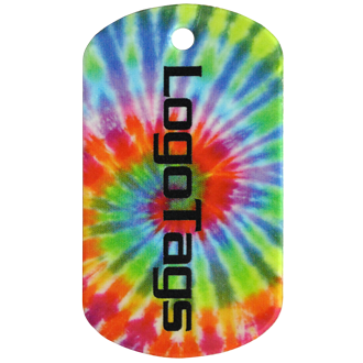 A custom teslin dog tag with a tie die background and the LogoTags logo in black.