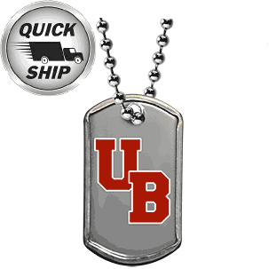 A custom mini dog tag with UB color printed on a matte or grey mini dog tag.