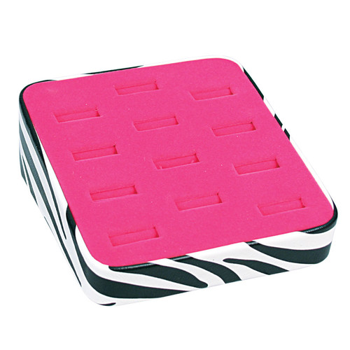 12-Slot ring display, 5" x 5 3/4" x 2" ,Zebra-Pink velvet