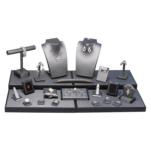24-Pieces set, 29 1/2" x 16 3/4" x 10"H, Steel Grey with Black Faux Leather Trim
