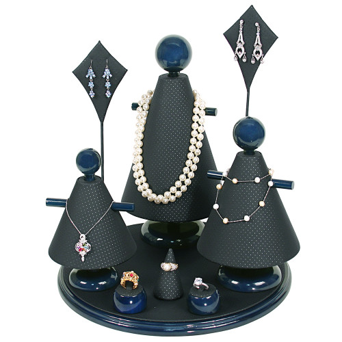 9-Pieces Perforated Black Faux Leather with Blue Wood Trim ,13" Dia. x 14 3/4"H