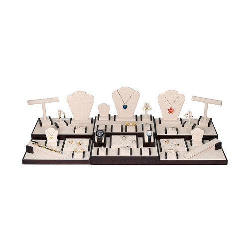 35-Pieces Display Set, 44 1/4"W x 16 1/2"D x 10 3/4"H, Linen with Dark Walnut Trim