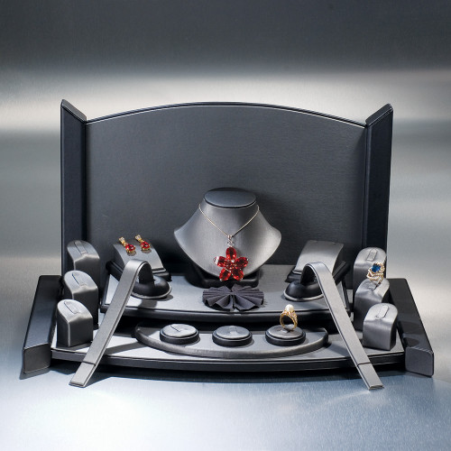 19-Pieces Set, (Steel Grey Faux Leather with Black Faux Leather Trim),19" x 11" x 10 3/4"H