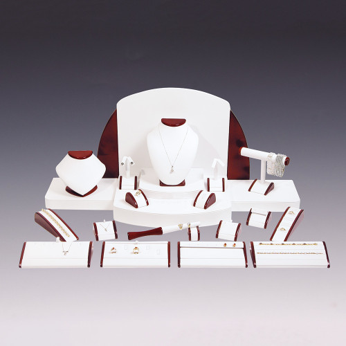 23-Pieces White Faux Leather with Glossy Rosewood Trim Display Set, 40" x 18" x 16"H