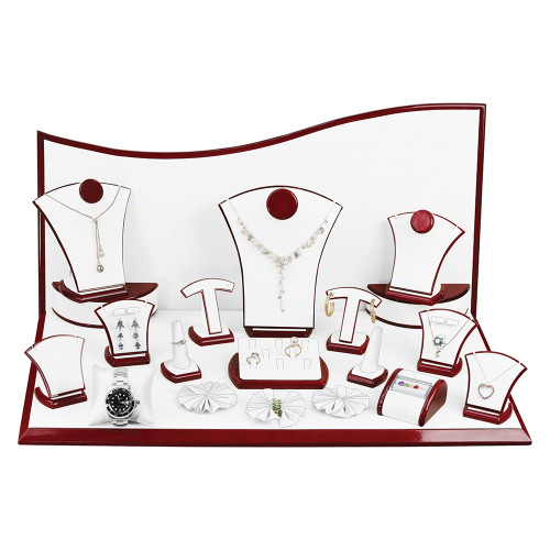 22-Pieces, White Leather with Rosewood Trim Display Set, 26" x 14 1/2" x 13"H
